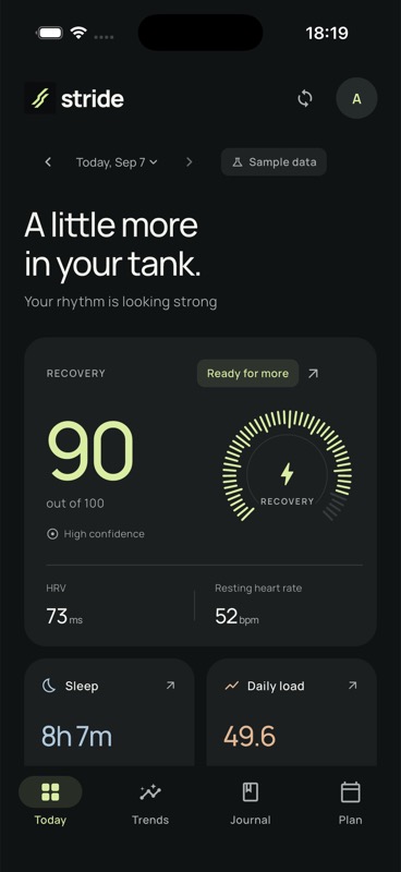 Stride development build showing a daily recovery, sleep and activity dashboard, with the Sample data label visible.